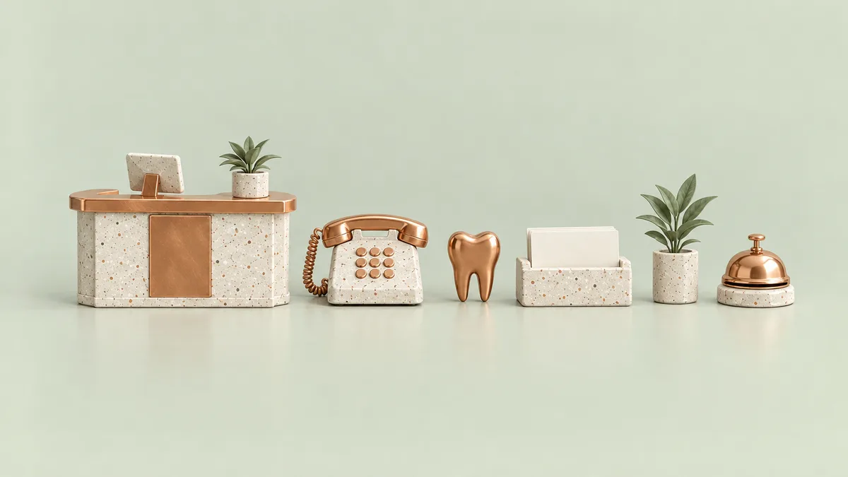 AI dental front desk with a reception counter, desk phone, appointment cards and a copper tooth