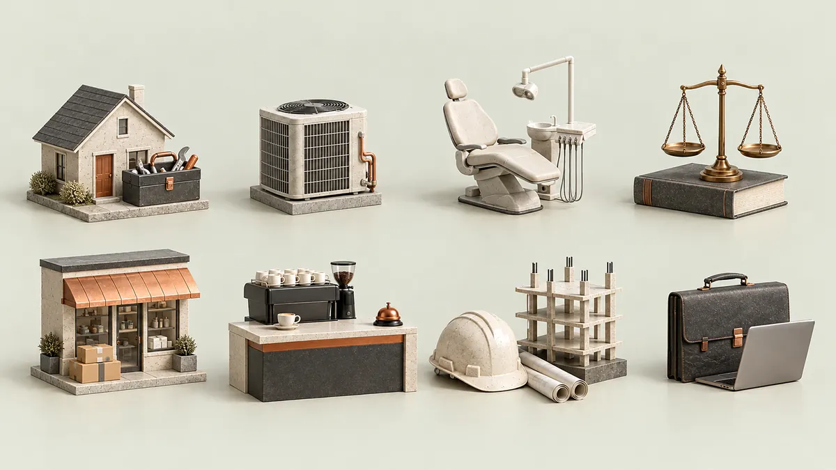 Business consulting and AI automation by industry: miniature models of home services, HVAC, dental, legal, retail, hospitality, construction, and professional services businesses
