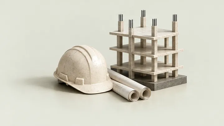 Hard hat, rolled plans, and a miniature structural frame representing construction businesses.