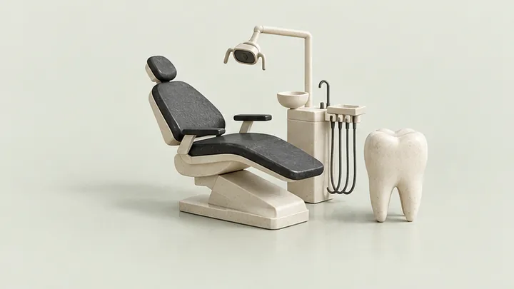Miniature dental chair and tooth model representing dental practice administration.