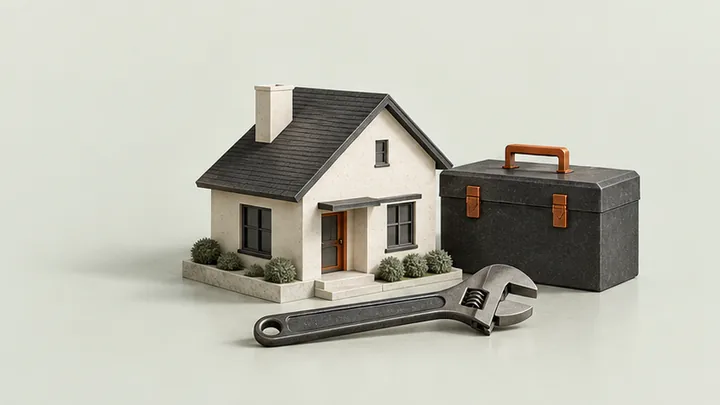 Miniature house, toolbox, and adjustable wrench representing home-service businesses.