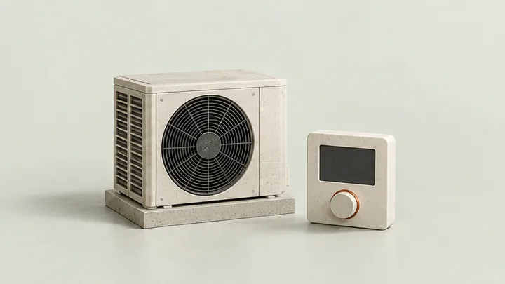 Miniature outdoor HVAC unit and thermostat representing heating and cooling companies.
