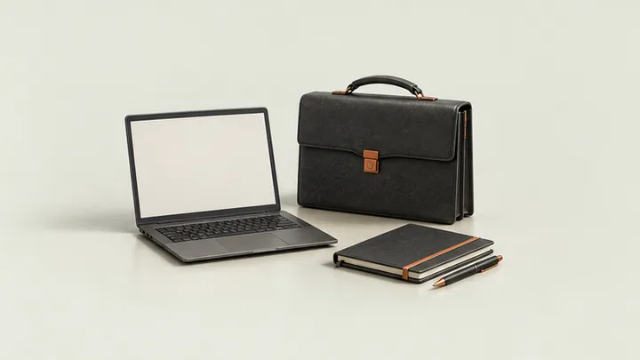 Laptop, briefcase, and appointment notebook representing professional service firms.