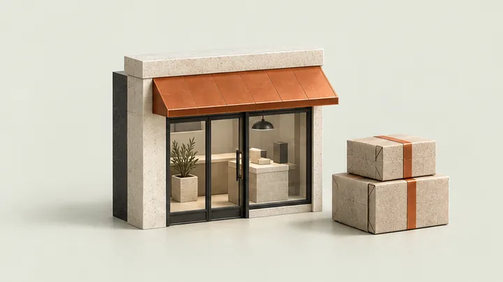 Miniature retail storefront with a copper awning and shipping parcels.